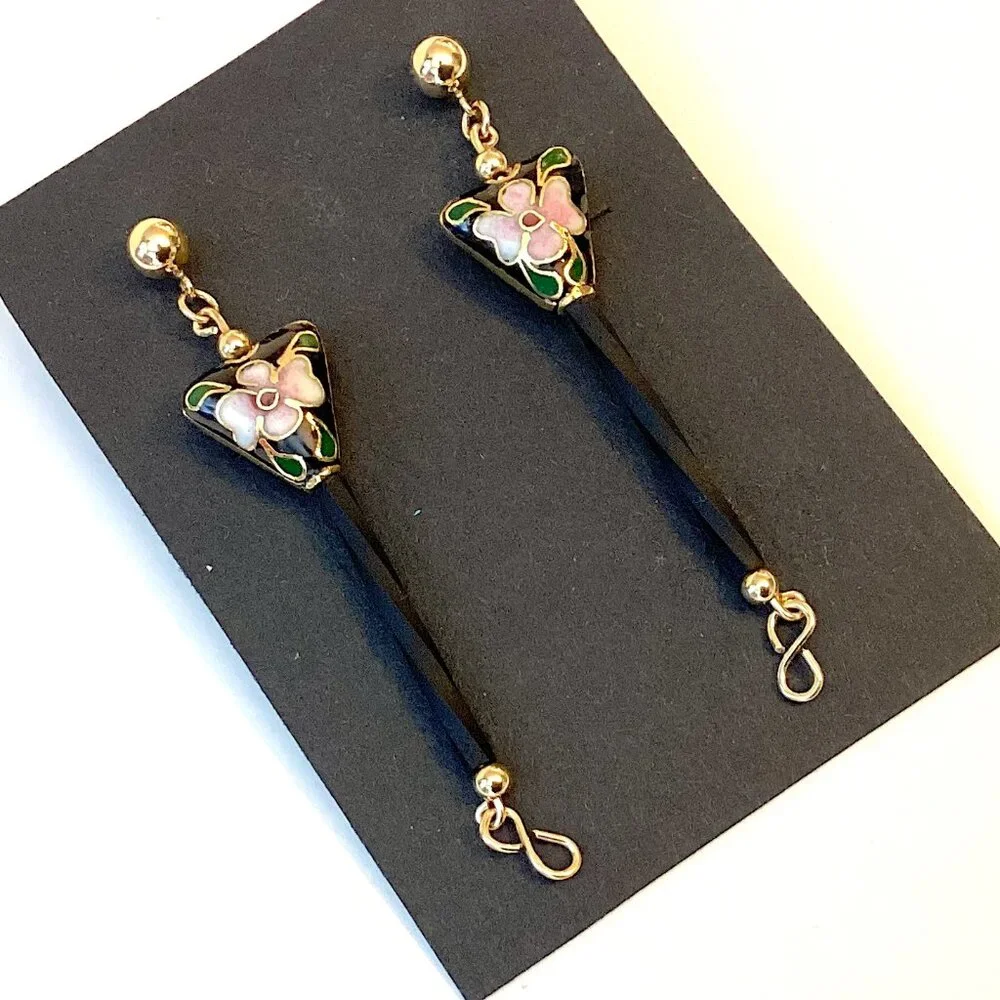 Vintage 14k Gold Cloisonne Earrings, Long and Unique Dangle Jewelry, Art Nouveau - Picture 1 of 8